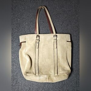 Coach Beige Suede Tote with Brown Trim